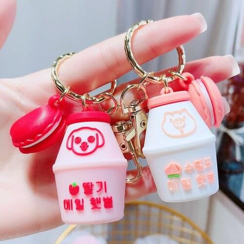 KAIDUODUO Fashion Women Girl Car Bag Pendant Key Chains Ornament New Ins Cute Yogurt Bottle Keychain Cartoon Dog Cat Keyring