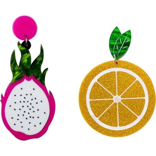 New Fashion Funny Pitaya Orange Fruit Acrylic Earrings for Women Creative Food Glitter Powder Dangle Earrings Brincos Mujer
