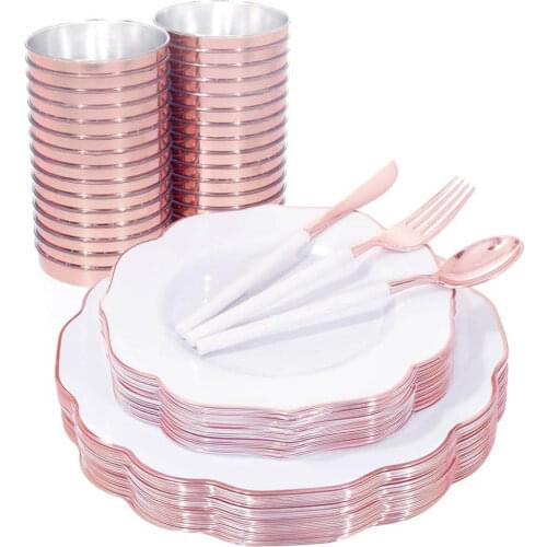 60Pcs White Hot Stamping Plastic Plates With Disposable Tableware With Knife Fork Spoon and Cup Suitable for Wedding Party