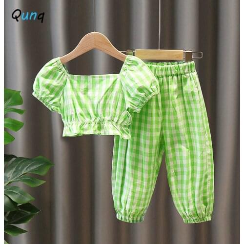 Qunq Green Girls Clothing Set Plaid Puff Sleeve Tops Pant 2pcs Kids Summer Clothes 1 2 3 4 5 6 Year Baby Toddler Children Suits