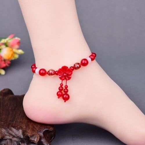 Hand Knitted Year of Fate Red Rope Anklets Classical Crystal Beads Synthetic Flower Anklets Summer Confidante Holiday Jewelry