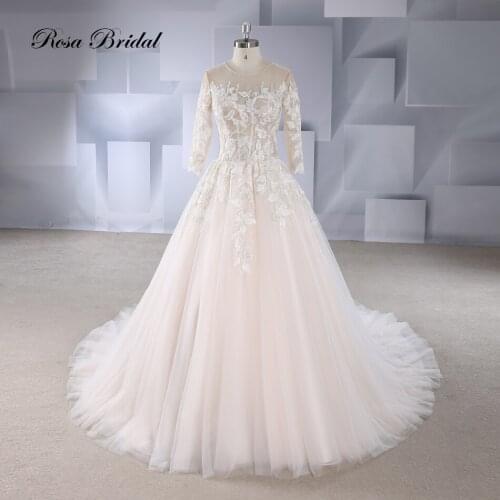 Rosabridal A Line Wedding Dress O-neck 3/4 Long Sleeves Champagne leaves lace Appliques lace up Bridal Dress court train tail