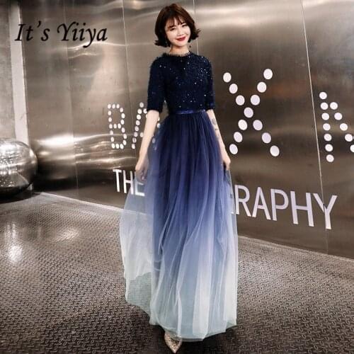Evening Dress Navy Blue Its Yiiya BR321 Elegant O-neck Half Sleeve Evening Dresses Gradient Long Vestido De Fiesta Formal