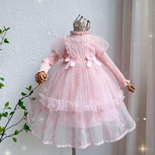 Girls bow pattern knitted long sleeve dresses kids princess dress wholesale