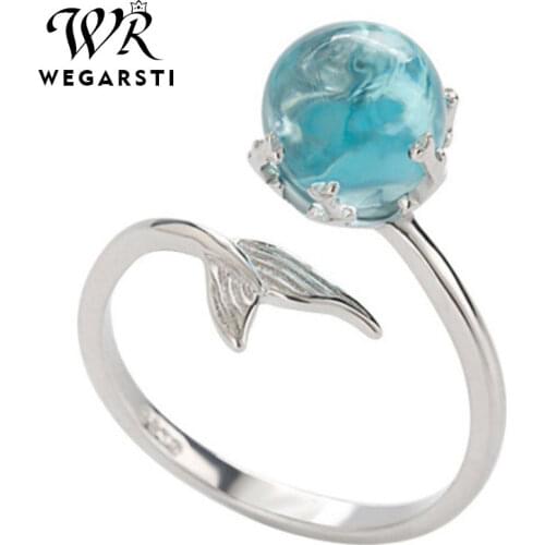 WEGARSTI High Quality Classic Eternity Wedding Rings Mermaid Shape Original 925 Silver Blue Zirconia Rings For Women