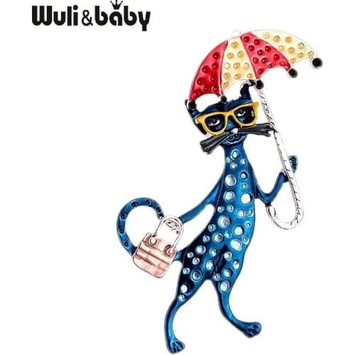Wuli&baby Sexy Taking Bag And Umbrella Cat Brooches For Women 3-color Casual Office Brooch Pins Gifts