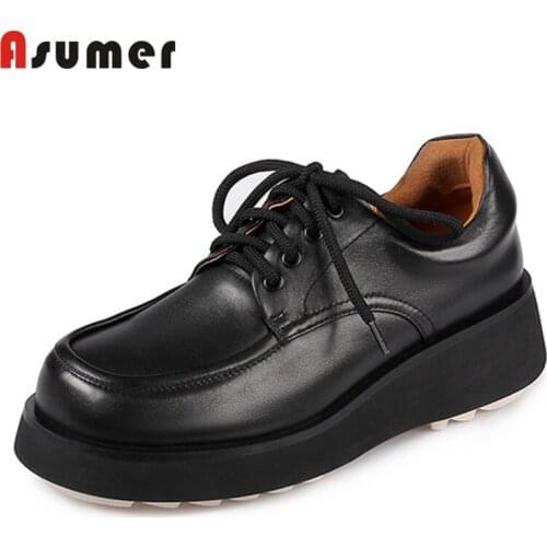 Asumer Vintage Single Shoes Women Thick Bottom Casual Shoes Top Quality Lace Up Spring Summer Genuine Leather Flat Shoes Woman