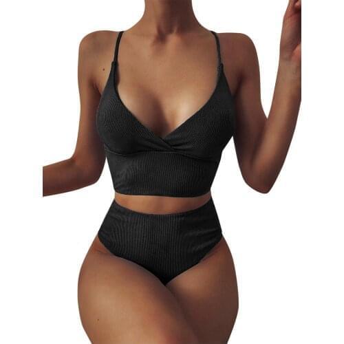 TELOTUNY Womens swimsuits Women Striped Push Up High Cut Hight Waist Halter Bikini Set Sexy Solid Two Piece Swimsuit Beachwear