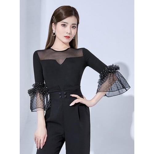 Latin Dance Tops Flared Sleeve Mesh Stitching Women Ballroom Waltz Performance Clothing Practice Wear Competition Leotard YS1715