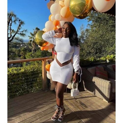 2021 Best Quality Famous Brand 2 pcs Women Set Solid Ruched O-neck Long Sleeve Tops Mini Dress Summer Casual Outfits