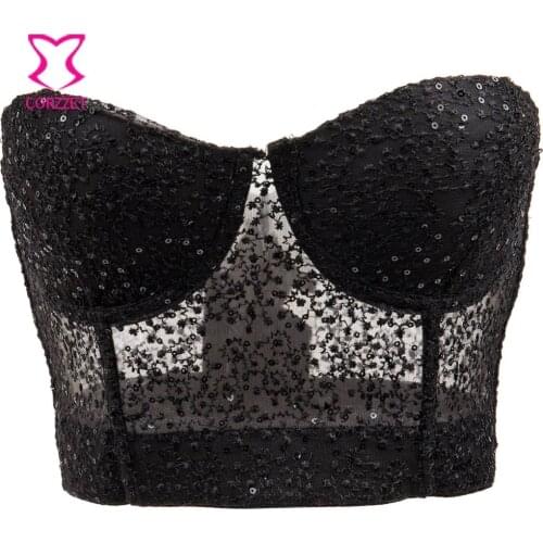 Corzzet Black Lace+Sequind Mesh Push Up Bralet Womens Corset Bustier Bra Night Club Party Cropped Top Vest Plus Size