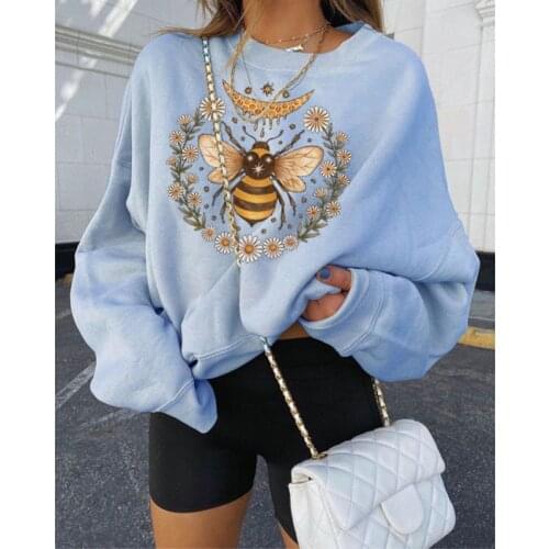 Women Sweatshirt Autumn Longs Sleeve Loose Bee Flower Print Hoodies Casual Streetwear Tops Vintage Sweatshirts Fashion Pullovers