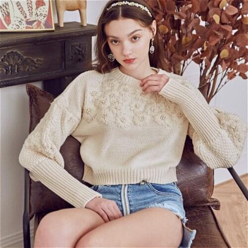 TEELYNN apricot lantern long sleeve Loose Knit Jumper women sweaters Vintage floral emboidery pull boho winter warm Pullovers