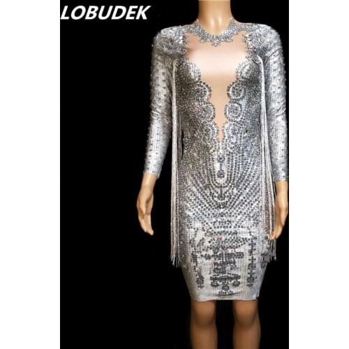 Women Elastic Silver Rhinestones Tassels Short Dress Wrapped Hips Dress Sexy Birthday Party Dress Nightclub Singer Host Costume