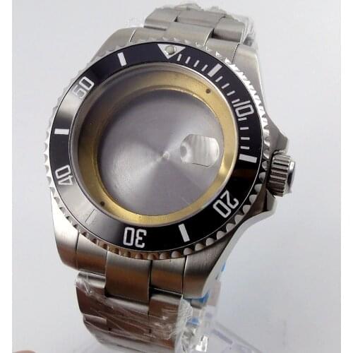 43mm Black Ceramic Bezel Stainless Steel Sapphire Glass Watch Case+All Brushed Bracelet Fit For ETA 2836 Automatic Movement