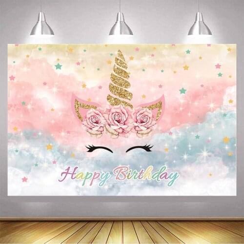 4X2.6Ft Rainbow Unicorn Backdrop Pink Floral Unicorn Birthday Party Theme Decoration Photography Background Photo Booth Supplies