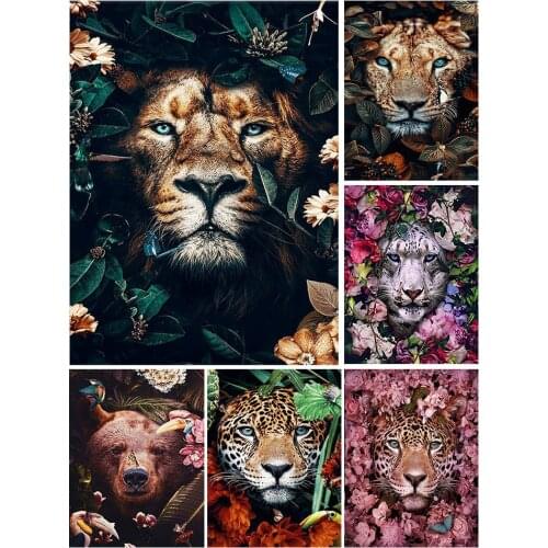5D DIY Diamond Painting Tiger Lion Face& Flowers Kit Full Drill Square Embroidery Mosaic Art Picture of Rhinestones Wall Decor