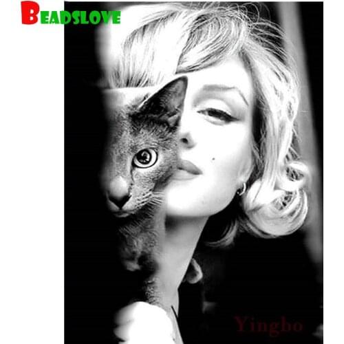 Nordic Black White Wall Art 5D DIY Diamond Embroidery woman and cat full square drill diamond painting mosaic Home decor