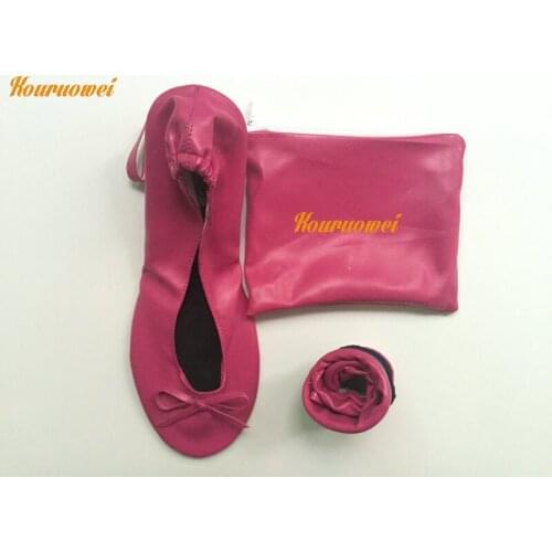 Free Shipping! cheap hot pink ladies roll up ballerina shoes with purse