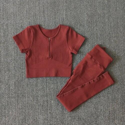 Seamless Zipper Women Yoga Set Workout Shirts Sport Pants Gym Suits Fitness Short Sleeve Crop Top High Waist Leggings Sports Set