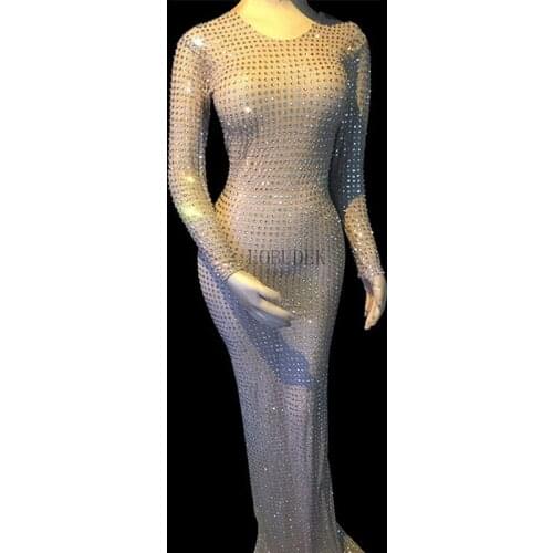Sparkly Rhinestones Mesh Long Dress Women Stage Wear Sexy Skinny Crystal Dress Nightclub Party Birthday Celebration Show Costume
