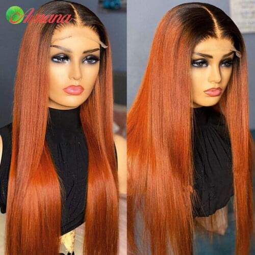 Brazilian Straight 13x4 Lace Frontal Wigs 1B/Orange Ginger Color Human Hair Pre-Plucked Body Wave Lace Closure Wig For Women