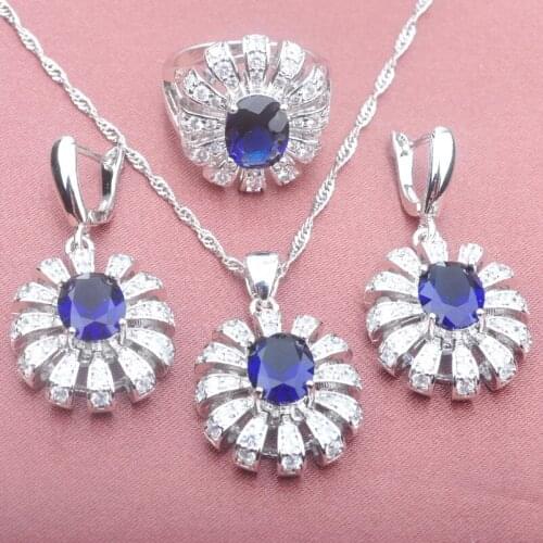 Pretty Blue Zirconia Wedding Womens Jewelry Sets Silver Color Ring Necklace And Earrings Set TZ089