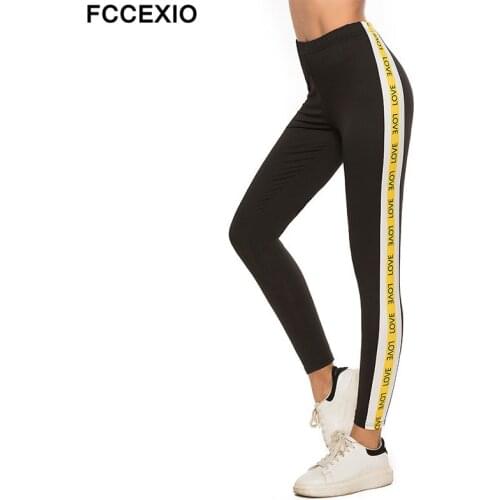 FCCEXIO Women Love Letter Print Sexy Slim Workout Leggings High Waist Sports Trousers New Women Skinny Fitness Black Leggings