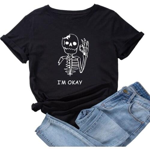 Summer Short Sleeve Women T Shirt Skull Letter Print Female Graphic Daily T-shirt Ladies Regular Casual Fashion O-Neck Tees Tops