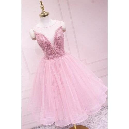 Eye Catching Ball Gown Prom Dress Pink tulle with Shining Sequins Hollow Back Knee Length Party Dresses