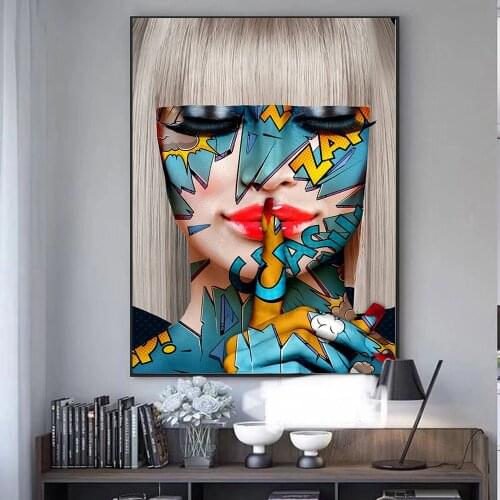 Graffiti Red Lip Shush Glasses Girl Drink Art Canvas Print Painting Modern Wall Picture Women Living Room Home Decoration Poster