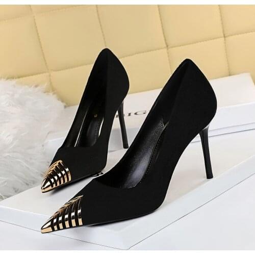 Fashion Sexy Nightclub Stiletto High Heels for Ladies Suede Shallow Metal Pointed High Heels