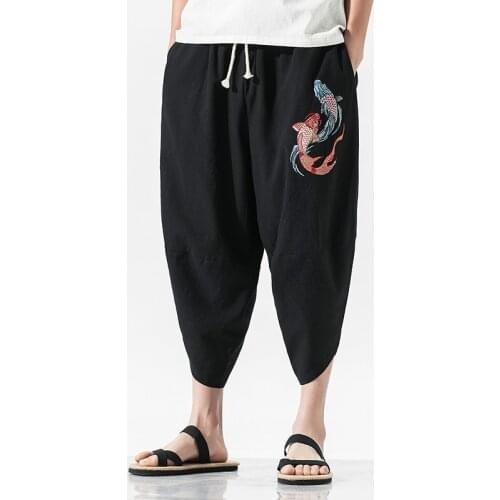 MenS Japanese Kimono Pants Summer Casual Wide-Length Pants Solid Color Male Yukata Cropped Trousers Chinese Pants Man 10787