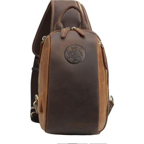 Tiding Thick Leather Mens Chest Bag Pillow Retro Sling Bag Daypack Leather Backpack Small Crossbody Bag Dark Brown New 5118