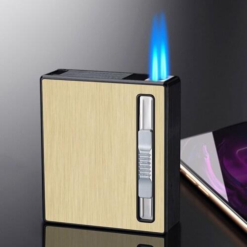 Windproof Butane Gas Automatic Cigarette Case Lighter 20Pcs Portable Double Blue flame Lighter Mini Torch Lighters