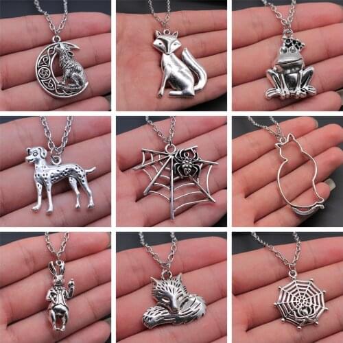 Vintage Antique Silver Color Animal Pendant Necklace Cute Cat Dog Spider Rabbit Monkey Fox Kangaroo Pendant Necklace Gift