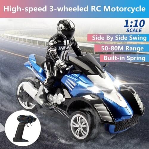 High-speed Three-wheeled Drift Racing RC Motorcycle 1:10 50-80M Range 20Min Battery Life Built-in Spring Kid Remote Control Toy