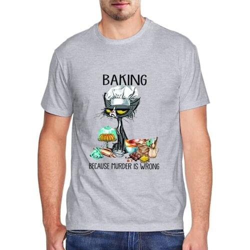 Funny Cats T Shirt Men Clothing Black Cat Baking Because Murder Is Wrong Vintage Mens Shirts 100 Cotton Casual Short Sleeve Tees