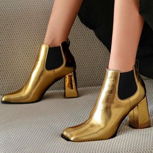 Sexy Pumps Women Genuine Leather Ankle Boots Square Toe High Heels Block Pull On Shoe Goth Party 34 35 36 37 38 39