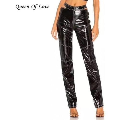 2020 New Autumn Winter Fashion Streetwear PU Leather Straight Pant Women Sexy Fake 2 Pieces High Wiast Cut Out Zipper Pants