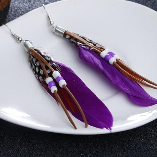 New Arrivals Fashion Earrings Jewelry Purple Color Bohemia Style Colorful Feather Tassel Eardrop Earrings For Women ES0249h