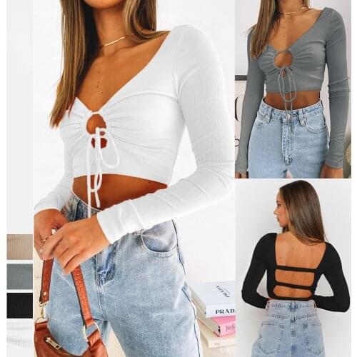 Autumn New Solid Color Sexy Drawstring T-Shirts for Women Long Sleeve Short Crop Top Female Casual Backless V-Neck Tees Dropship