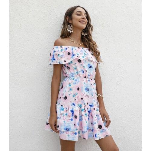 Women Robe Femme Summer Print A-Line Dresses Patchwork Ruffles Slash Neck Slim Mini Dress For Woman Clothing Vestido De Mujer
