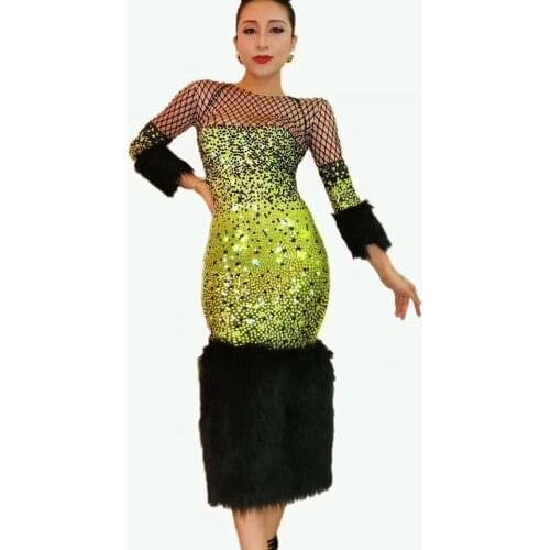 Full Rhinestones Feather Dress Luxury Bling Crystal Women Evening Birthday Celebrity Prom Party Green Dress Singer Stage Costume