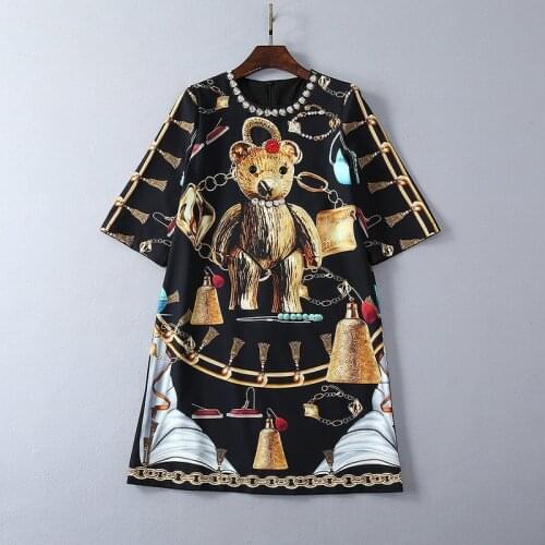 American European womens and fashion 2021 spring new style Five minutes sleeve heavy industry nail bead Bear printing dress