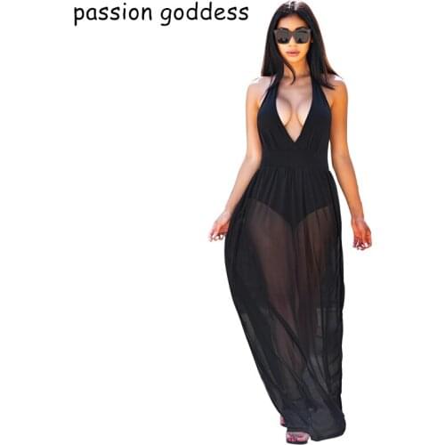 2021 Summer Backless Halter Lace Up Deep V Neck See Through Mesh Sexy Long Maxi Dresses Women Club Party Dress Vestido Feminino