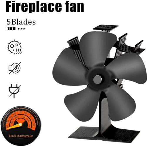 5 Blades Black Fireplace Heat Powered Stove Fan Log Wood Burner Eco-fan Quiet Home Fireplace Fan Efficient Heat Distribution