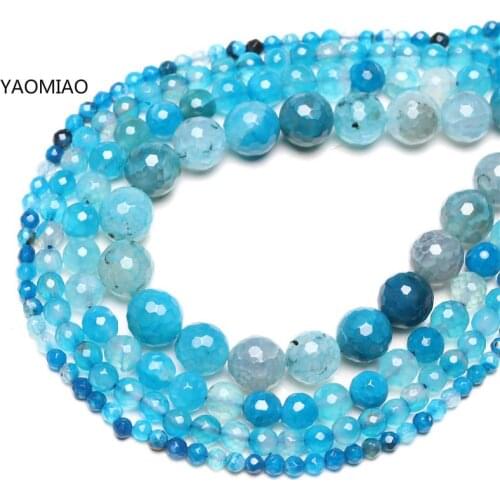 Sky Blue Dragon Agates Faceted Round Stone Beads For Jewelry Making Diy Bracelet 15inch/strand 6/8/10/12mm Pick Size