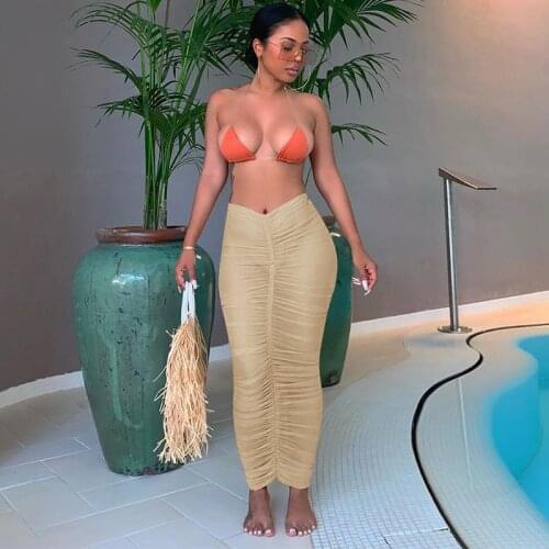 CHRONSTYLE 2021 Sexy Women Skirts Sexy Mesh Sheer See Thtough Pleated Skirt Beachwear Bikini Cover Ups Party Long Maxi Skirts