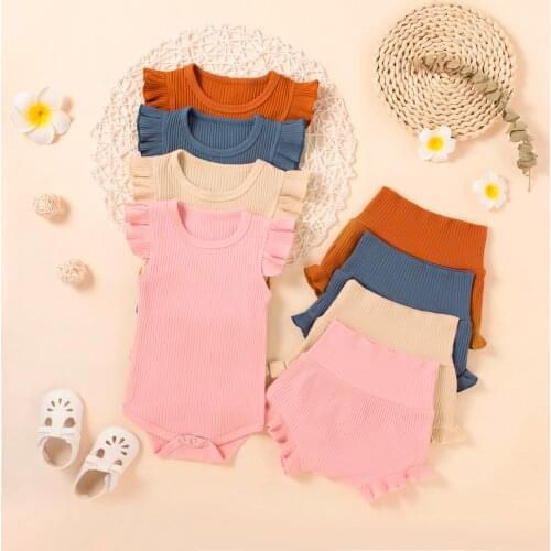 Baby Boys Girls Ribbed Knitted Bodysuit Ruffle Shorts Set Summer Toddler Outfits Solid Color Sleeveless Newborn Clothing Outfit